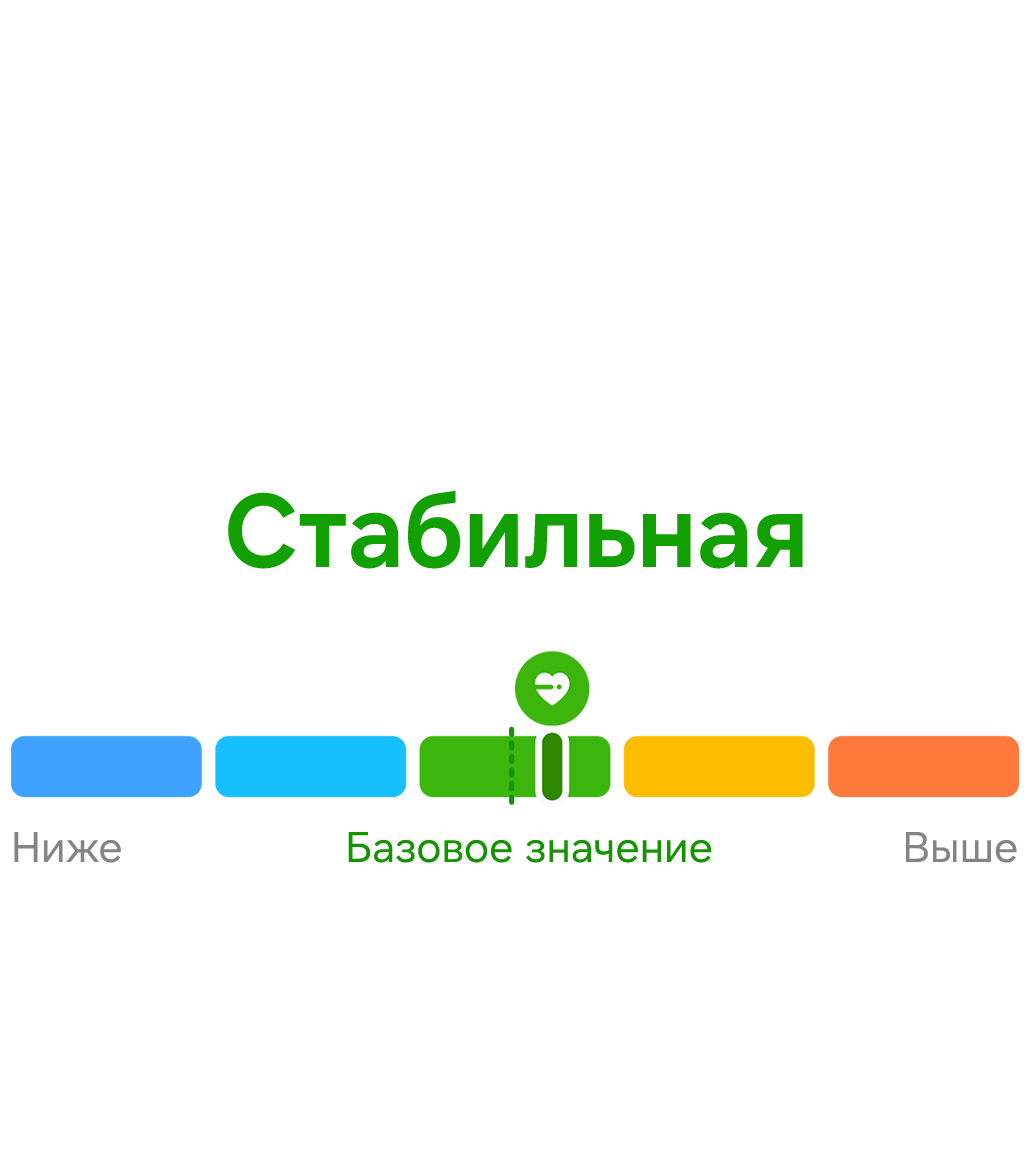 Сегментированная полоса отслеживания сердечно-сосудистой системы, отображающая Устойчивый уровень зеленым цветом, с текущим маркером, расположенным на Базовом уровне, при этом шкала варьируется от Низкого уровня синим цветом до Высокого оранжевым.