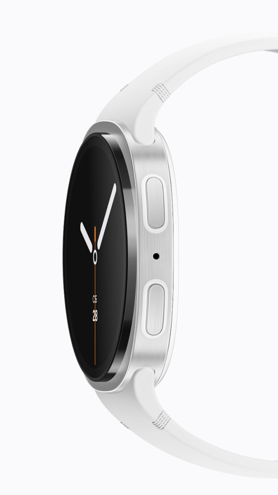 Сравнение смарт часов Samsung Galaxy Watch 7 и Galaxy Watch 8 в профиль позволяет сравнить толщину двух устройств. Когда открывается полный вид на новые премиальные Galaxy Watch8, становится видно, что они закреплены белым спортивным ремешком, застегнутым на петлю. Затем Galaxy Watch8 слегка поворачивается, демонстрируя свой циферблат.