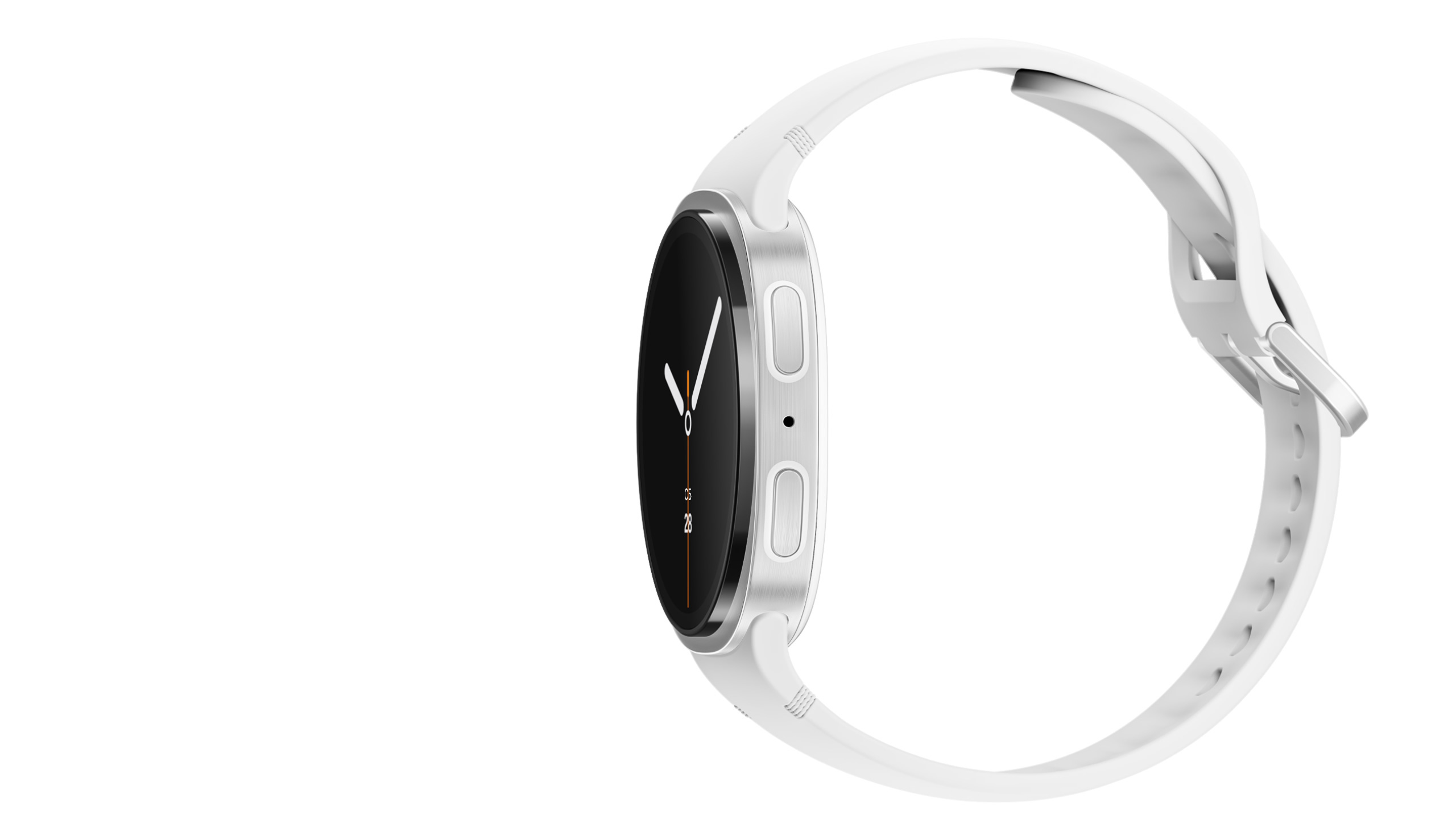 Сравнение смарт часов Samsung Galaxy Watch 7 и Galaxy Watch 8 в профиль позволяет сравнить толщину двух устройств. Когда открывается полный вид на новые премиальные Galaxy Watch8, становится видно, что они закреплены белым спортивным ремешком, застегнутым на петлю. Затем Galaxy Watch8 слегка поворачивается, демонстрируя свой циферблат.