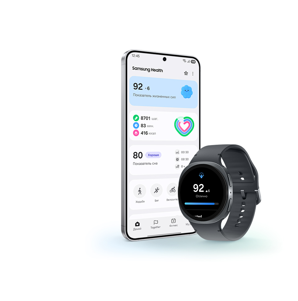 Обзор функций Galaxy Watch8: Показатель жизненных сил, на котором показано 92 и слово 'Отлично'. Рядом с ним экран смартфона на ОС Android показывает экран приложения Samsung Health с Уровнем энергии, Повседневной активностью, Уровнем сна и Трекингом упражнений.
