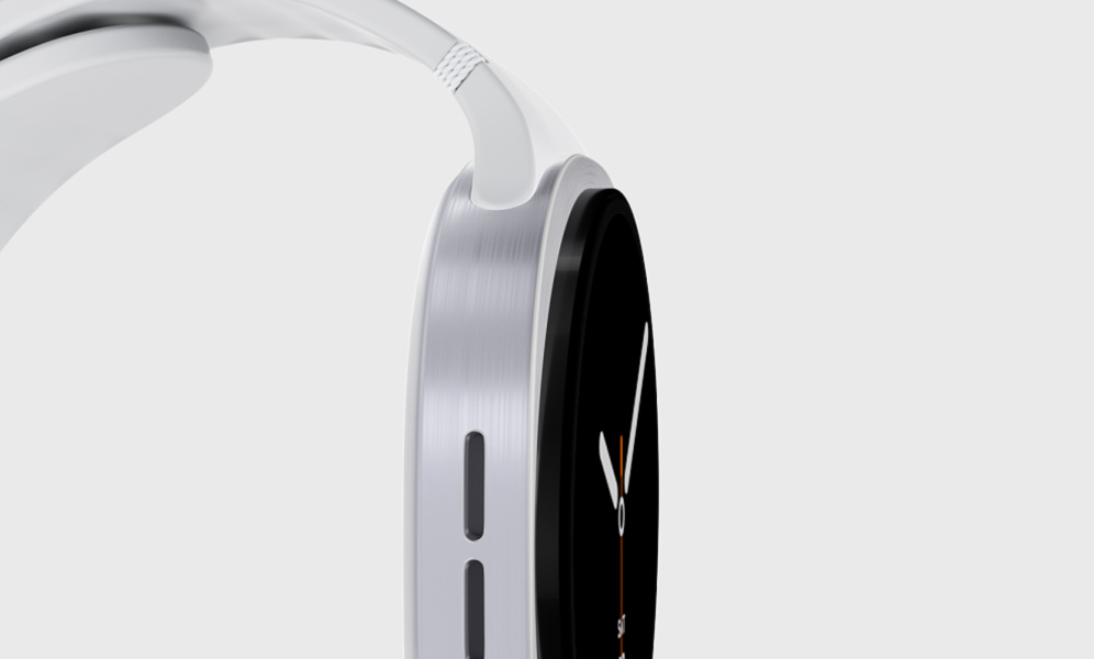 Тонкие часы Samsung Galaxy Watch8 показаны в приближении для демонстрации дизайна корпуса. Устройство становится прозрачным, открывая свои внутренние компоненты.