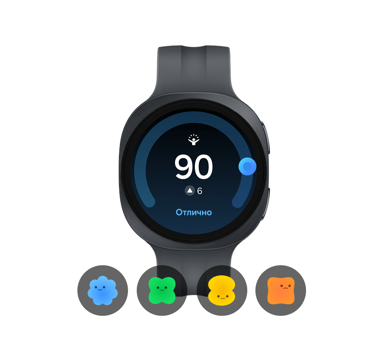 Показаны Galaxy Watch9 черного цвета со спортивным ремешком черного цвета с лицевой стороны, на которых отображен Показатель жизненных сил «Отлично» (90 баллов) и прирост на 6 пунктов по сравнению с предыдущим днем, а также четыре значка персонажей под ними, обозначающие различный уровень Показателя жизненных сил.