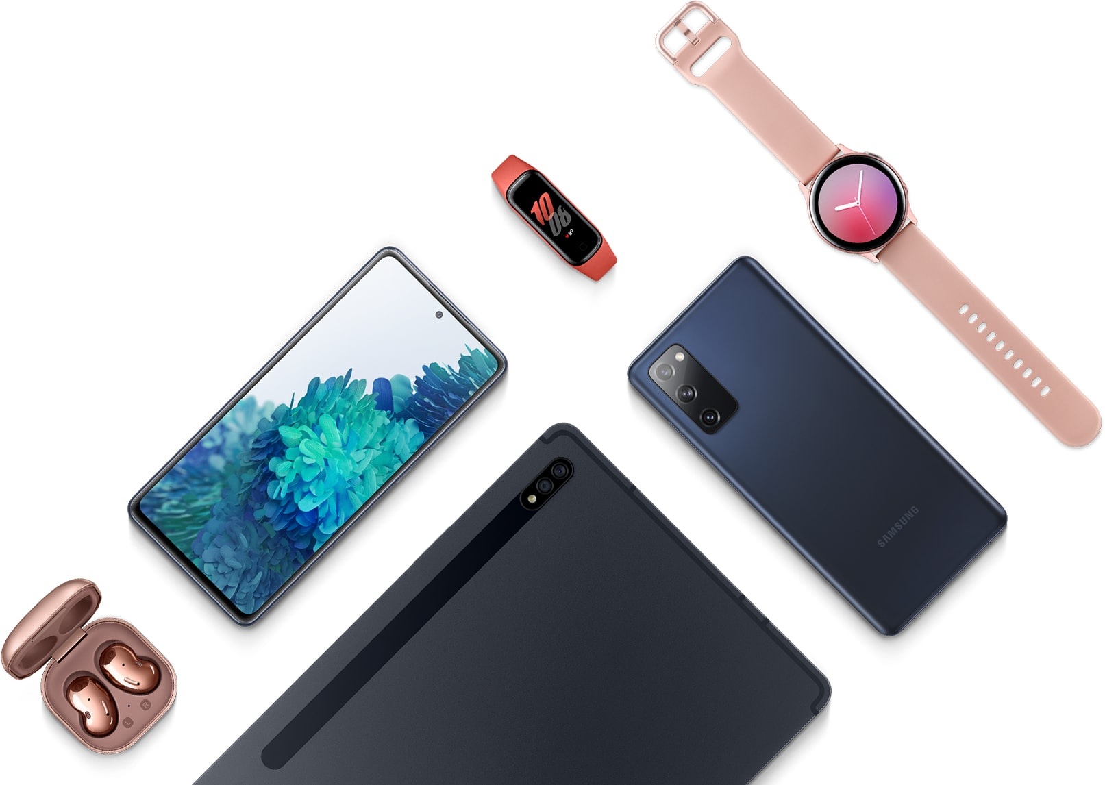 A flatlay with the Galaxy S20 FE in Cloud Navy seen face up, Galaxy S20 FE in Cloud Navy laying facedown, Galaxy Tab S7 in Mystic Black, Galaxy Buds Live earbuds in Mystic Bronze, Galaxy Fit2 in Red, and Galaxy Watch Active2 in Pink Gold.