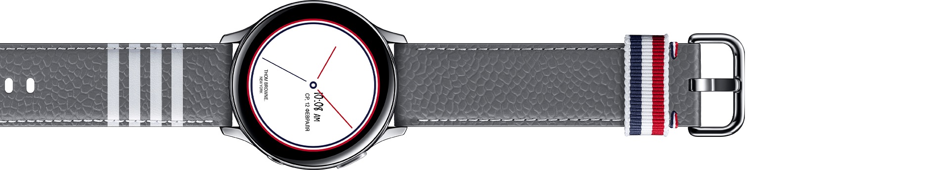 Galaxy Watch Active2 Thom Browne Edition shown with the exclusive watch face and leather strap