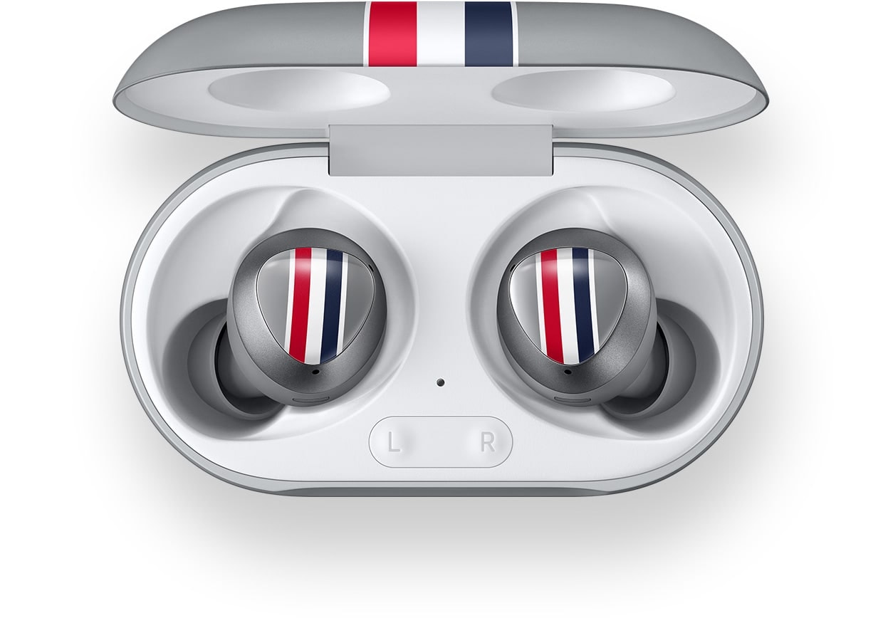 Aerial view of Galaxy Buds plus Thom Browne Edition in their cradle