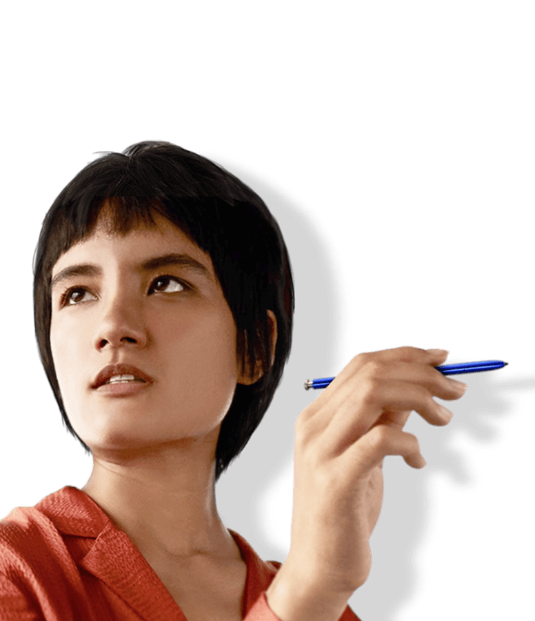 This image has an empty alt attribute; its file name is galaxy-note10_highlights_spen_bluetooth_spen_woman.png
