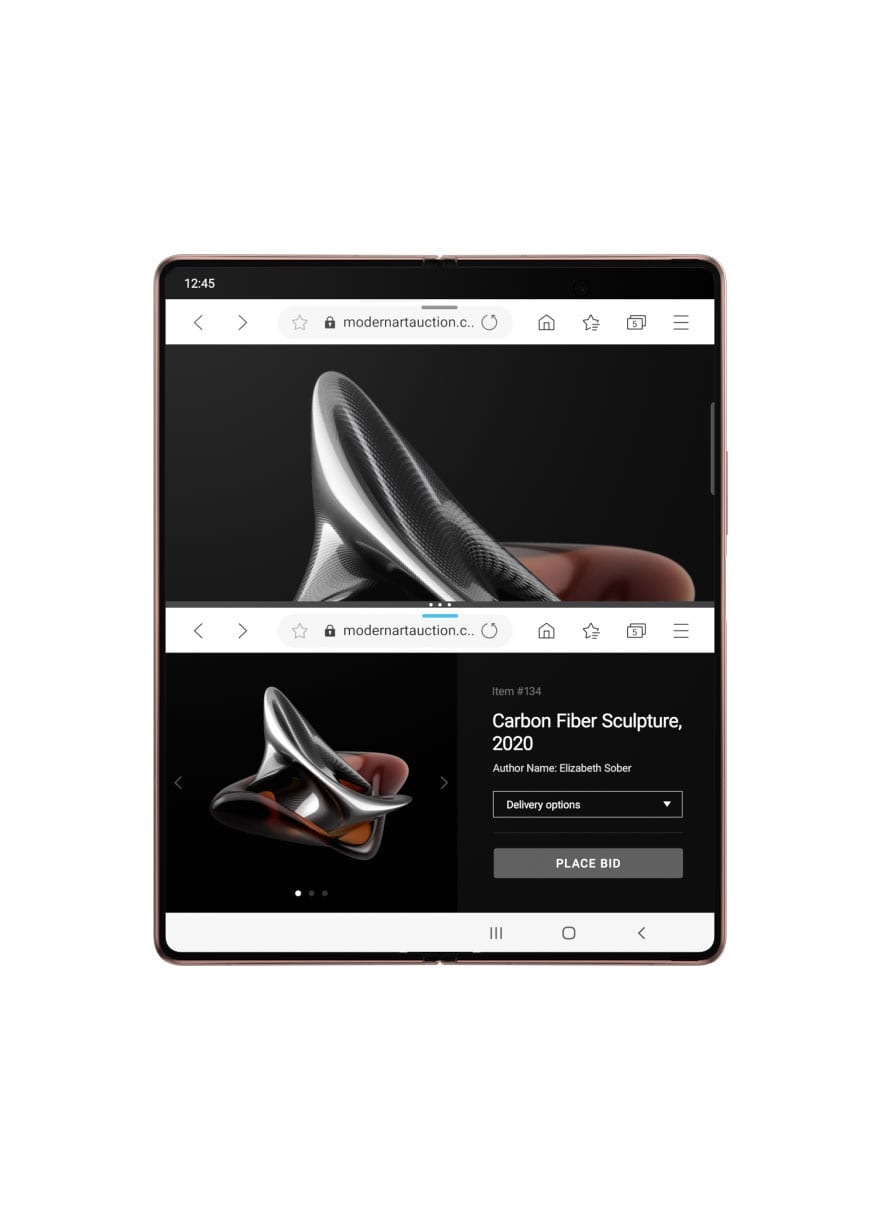 هاتف Galaxy Z Fold2 بلون برونزي مستيك مطوي ومعروض من الأمام. يعمل الهاتف بوضع Multi Active Window مع ظهور تطبيقين على شاشة الغلاف. يفتح الهاتف، ليكشف عن نفس التطبيقين على الشاشة الرئيسية ليشير إلى استمرار عمل التطبيق.