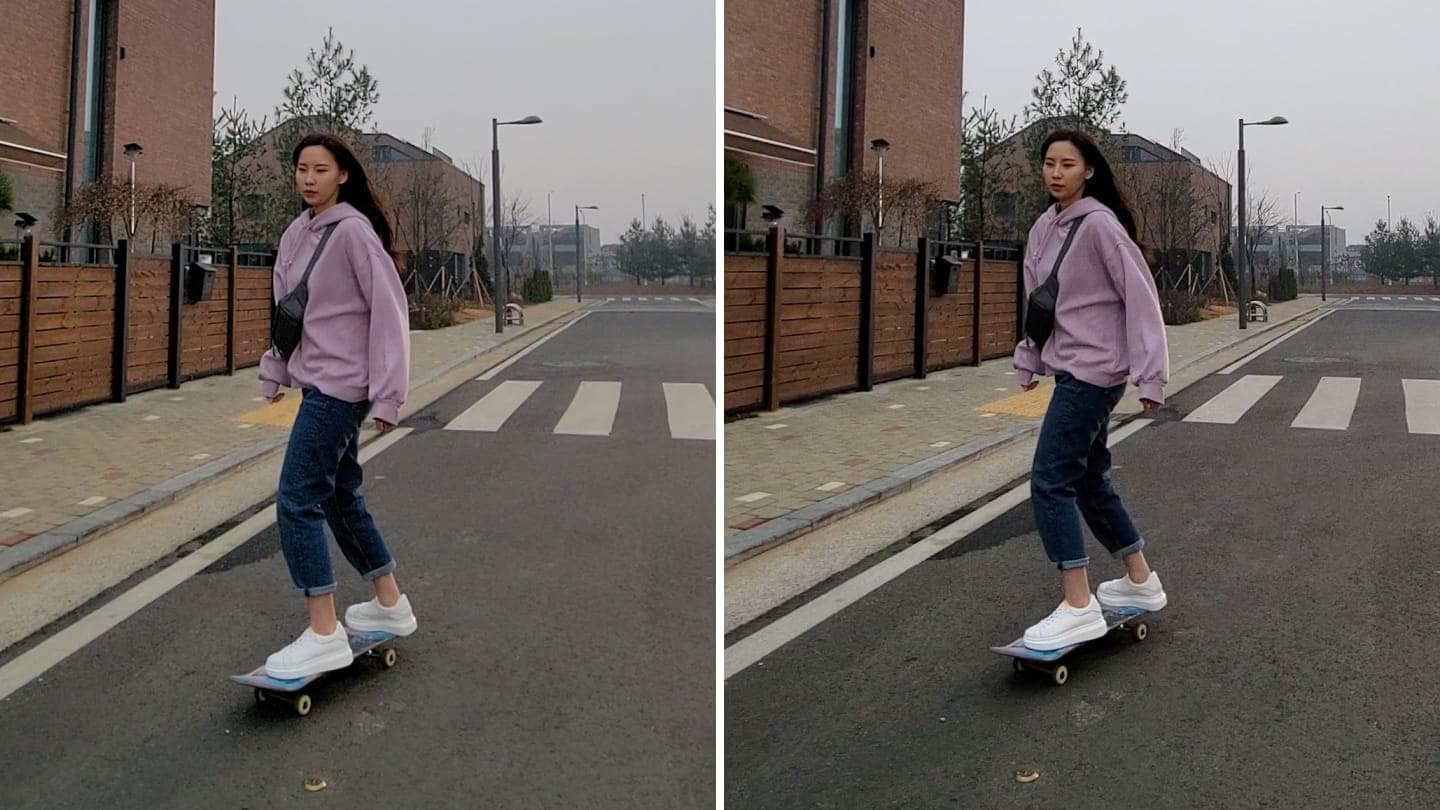 Scene of woman riding a skateboard down the street shot on Galaxy S21+ 5G in Phantom Black. One shot with Galaxy S21+ 5G without Super Steady, and the other shot with Super Steady. The one shot with Super Steady is clear and detailed.