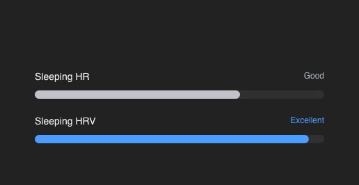 Ett kort som visar kvaliteten på Sovande puls med texten 'Bra' och Sovande HRV med texten 'Utmärkt'.