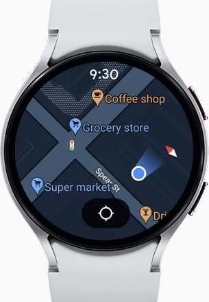 Galaxy Watch6  can be seen displaying the GPS feature, showing the user's location on a map. In the background is a map in similar style to the GPS map shown on the Watch screen.