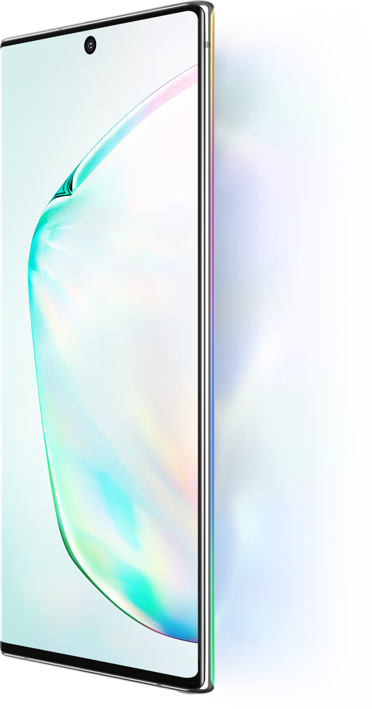 Galaxy Note10 y Galaxy Note10 plus vistos en un ángulo de tres cuartos con gráficos abstractos en la pantalla. Al lado de Galaxy Note10 y Note10 plus se encuentra la pantalla de 6.3 pulgadas y al lado de Galaxy Note10 plus se encuentra la pantalla de 6.8 pulgadas