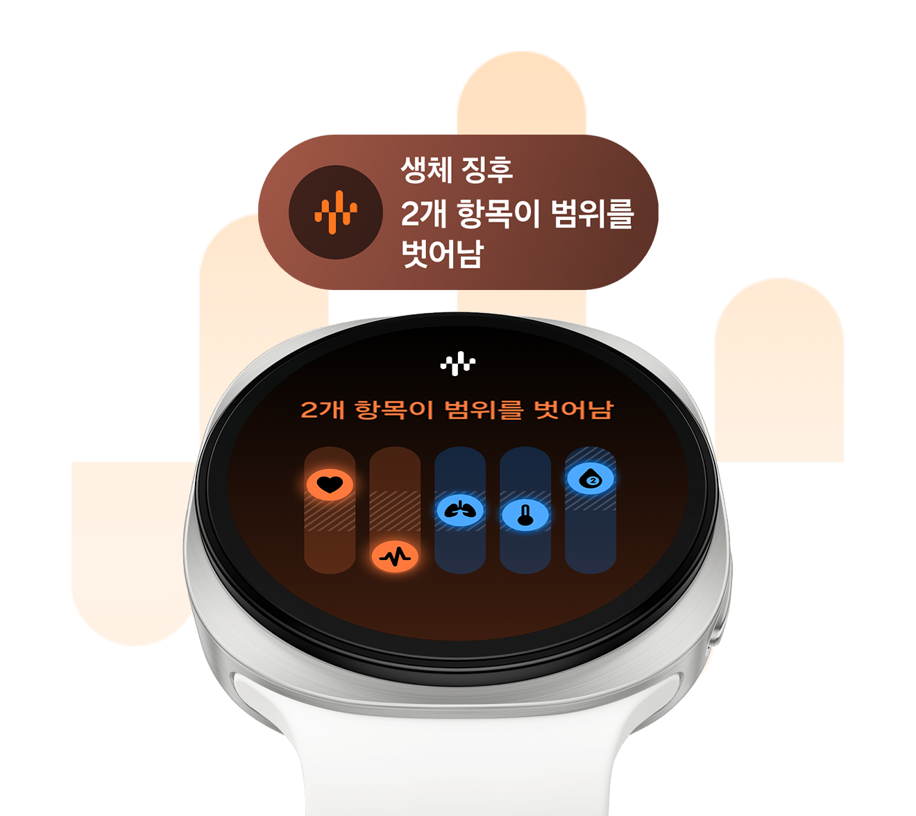 크림 색상의 스포츠 밴드를 장착한 크림 색상의 갤럭시 워치9이 약간 위를 향해 있습니다. 화면에는 '2개 항목이 범위를 벗어남' 텍스트가 있는 생체 징후 인터페이스가 표시되어 있습니다. 그 상단에는 동일하게 '2개 항목이 범위를 벗어남'라는 텍스트가 있는 생체 징후 타일이 있습니다.