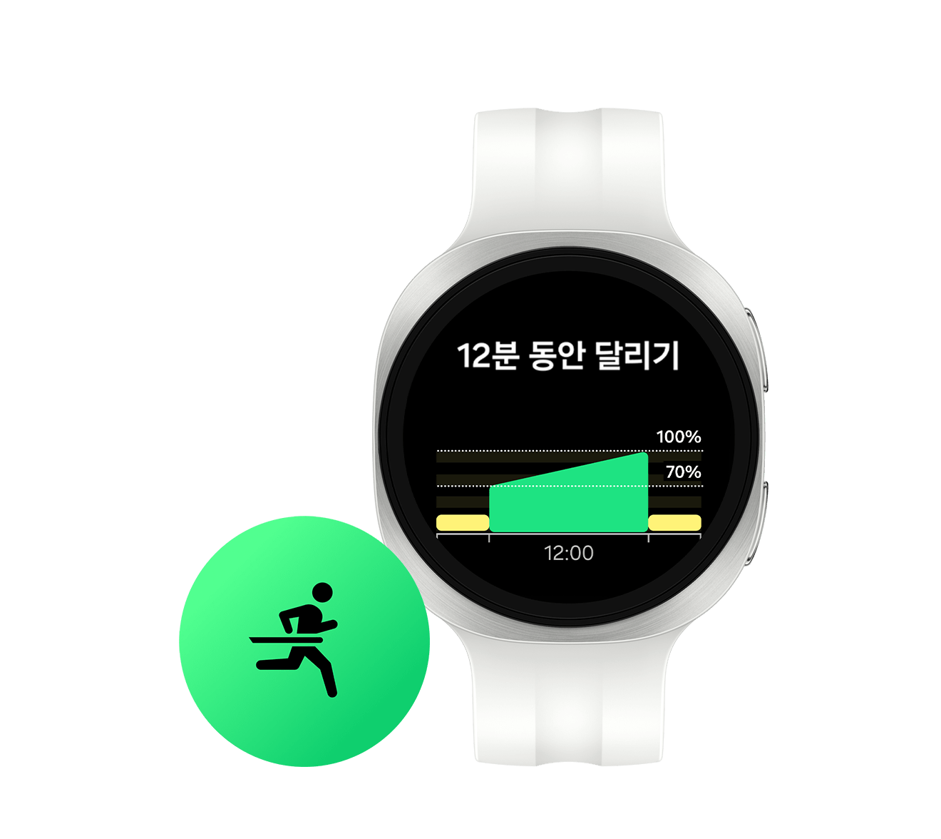 크림 색상의 스포츠 밴드를 장착한 갤럭시 워치9에 러닝 코치 프로그램이 표시되어 있습니다. '12분 동안 달리기' 문구와 관련 그래프가 표시됩니다. 갤럭시 워치9 옆에는 달리기 운동 아이콘이 있습니다.