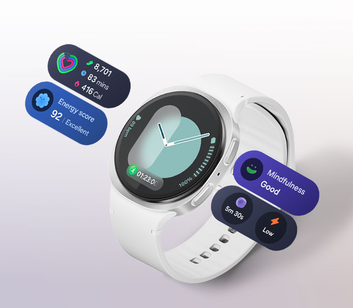 갤럭시 워치8에 One UI 8 화면이 표시되어 있습니다. 바로 옆에는 일일 활동량, 에너지 점수, 마음챙김, 호흡 운동을 나타내는 4개의 Now바가 있습니다.