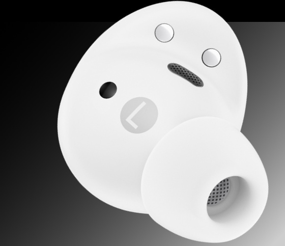 Closer view of the left bud of Samsung Galaxy Buds2 Pro in white showing details