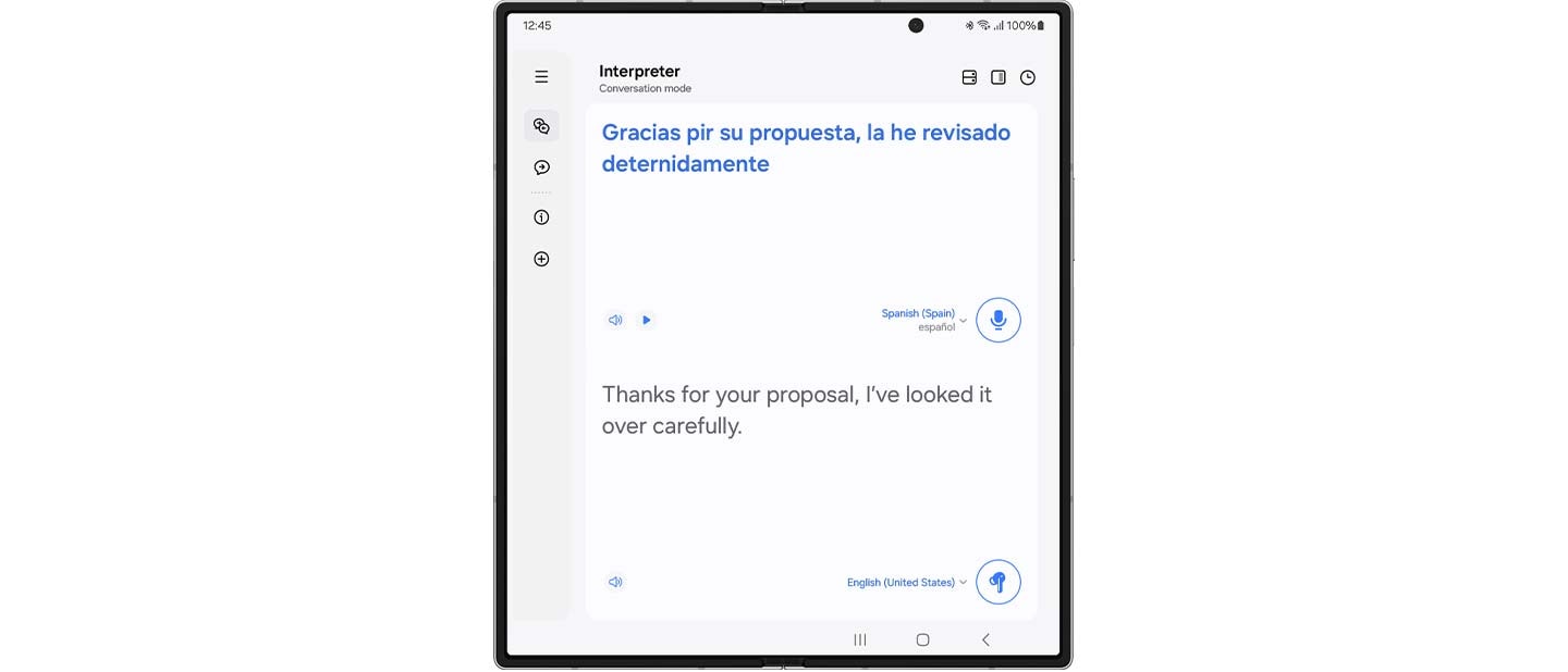 The image showcases a Samsung tablet screen displaying an interpreter app in conversation mode. The left side features a Spanish phrase, Gracias por su propuesta, la he revisado determinantemente, next to its English translation.