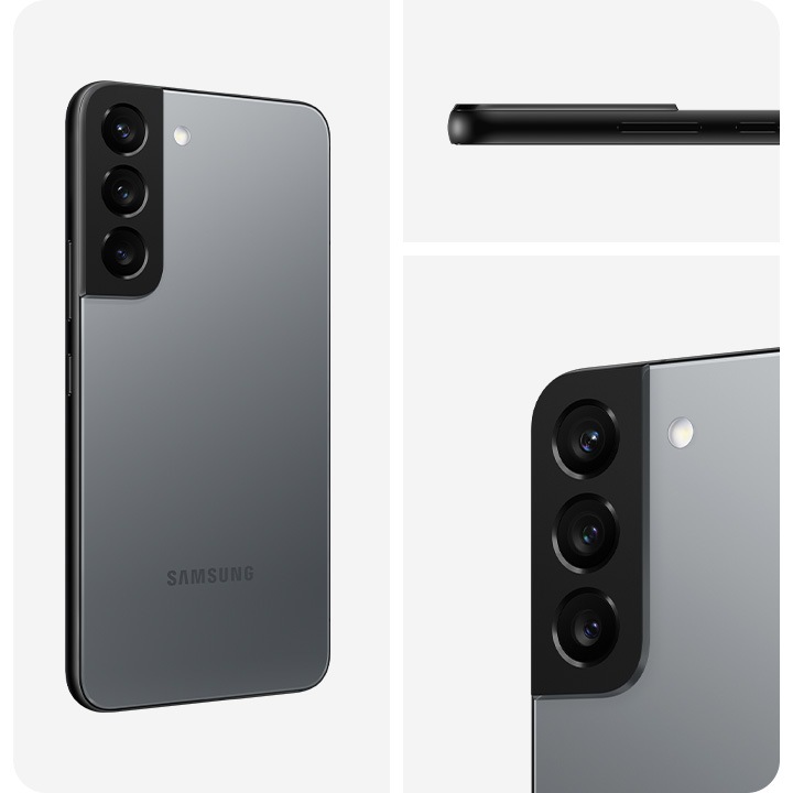 The visual is split into three areas. In the left division, the rear side of a Graphite Galaxy S22 5G is facing forward to the right at a slight angle. In the top-right division, the Galaxy S22 5G is lying horizontally, showing its side view. In the bottom-right, a close up of the rear camera is facing forward to the left at a slight angle.