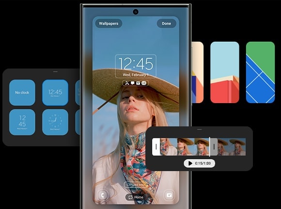 Galaxy S23 Ultra 5G seen from the front with the Lock Screen settings open. The notifications and clock style and location can be modified, videos can be applied, and backgrounds can be changed through Lock Screen customisation.