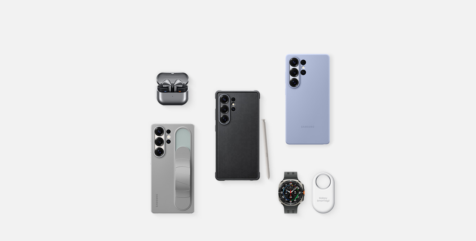 A flat lay of Samsung accessories for Galaxy S25 Ultra: First, Galaxy Buds3 Pro in Silver with the ear buds, Galaxy S25 Ultra with Rugged Case installed and S Pen in Light Gray, Galaxy S25 Ultra with Silicone Case in Light Blue installed, SmartTag2 in White, Galaxy Watch Ultra in Titanium Silver, Galaxy S25 Ultra with Standing Grip Case in Gray installed.