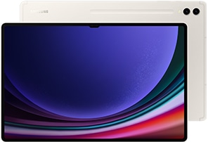 Front view of a Galaxy Tab S9+ Ultra in Beige with a blue wallpaper onscreen. Behind, another Galaxy Tab S9+ Ultra in Beige with the back facing forward and the Samsung logo shown.