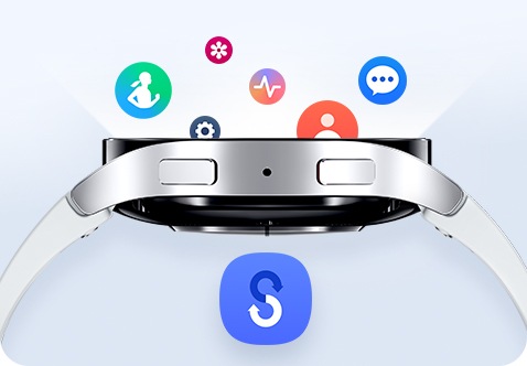 Se puede ver la vista lateral del Galaxy Watch6 hacia arriba, con diferentes íconos de aplicaciones que caen en la pantalla para indicar la transferencia de datos. Debajo del reloj se encuentra el icono de la aplicación Smart Switch.