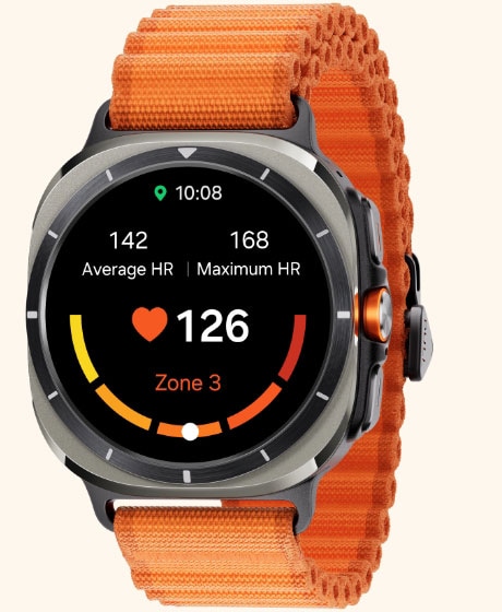 Galaxy Watch Ultra แสดงหน้าจอ HR Zone ที่ปรับได้ตรงตามที่คุณต้องการที่แสดงให้เห็นถึงอัตราการเต้นเฉลี่ยของหัวใจ, อัตราการเต้นสูงสุดของหัวใจ, อัตราการเต้นของหัวใจปัจจุบัน และ HR Zone ปัจจุบัน