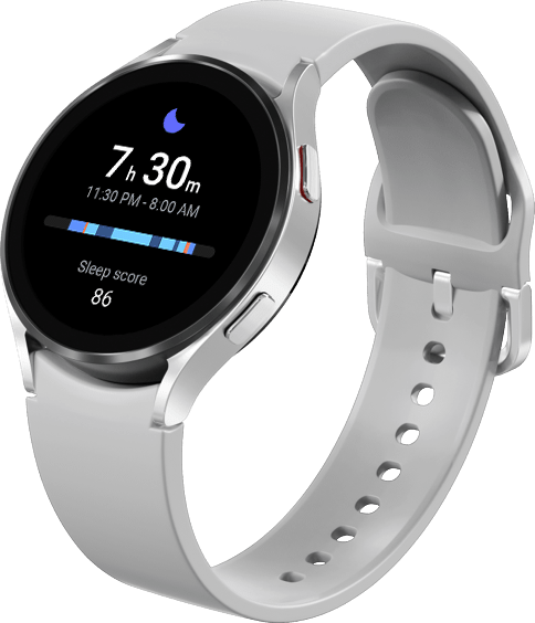 ภาพของ Galaxy Watch4 ที่ติดตั้งอยู่กับสายรัดข้อมือโดยมีหน้าปัดสมาร์ทวอทช์แสดงผลคุณลักษณะติดตามการนอนหลับอยู่