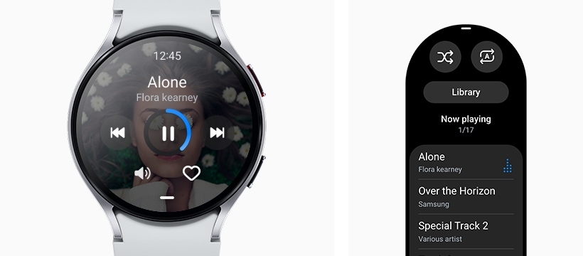 Galaxy Watch6 müzik akışı uygulama ekranını gösterir. Çalma listesi ekranının GUI’si de görünür.