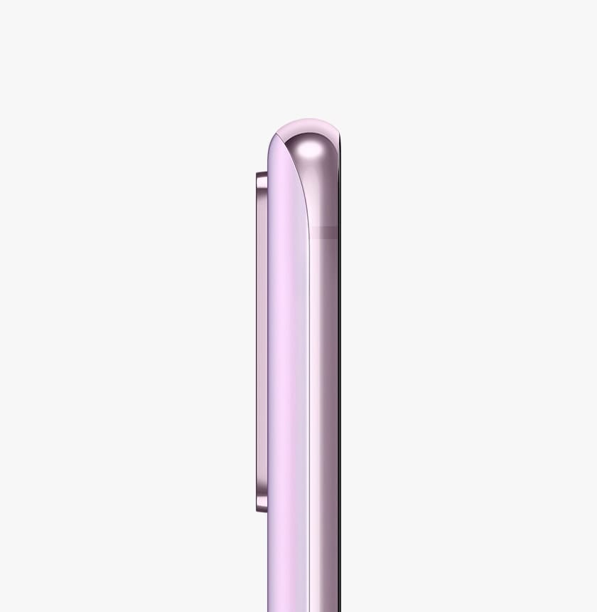 Bulut Eflatunu Galaxy S20 FE tuşları olmadan yandan görülmekte, kameranın çerçeveden çıkıntısı gösterilmekte.