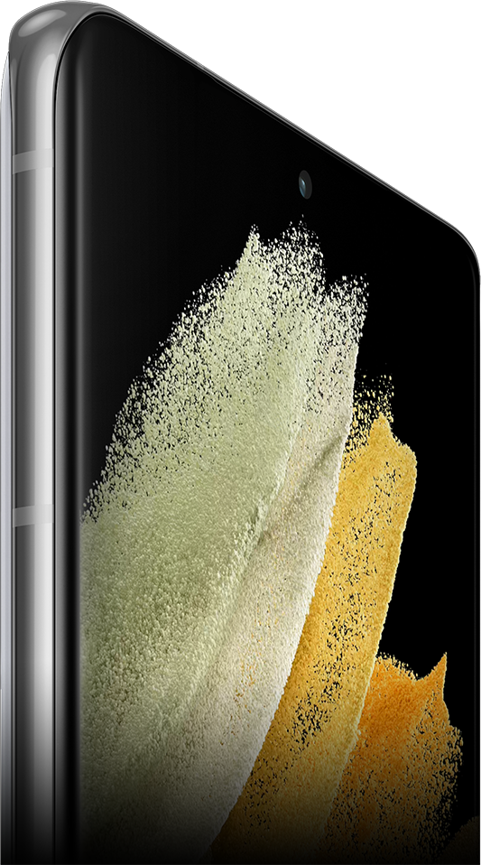Galaxy S21 Ultra 5G Phantom Silver açılı bir şekilde ekrana yakınlaştırılıyor. Ekranında canlı bir arka plan resmi görülüyor.