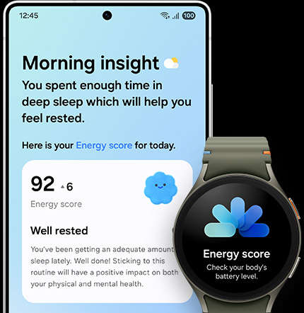 Galaxy S25 Ultra’nın ana ekranı gösteriliyor. Now Brief etkin. Morning Insight’ta, Galaxy Watch ile senkronize edilmiş günün Energy Score’u gösteriliyor.