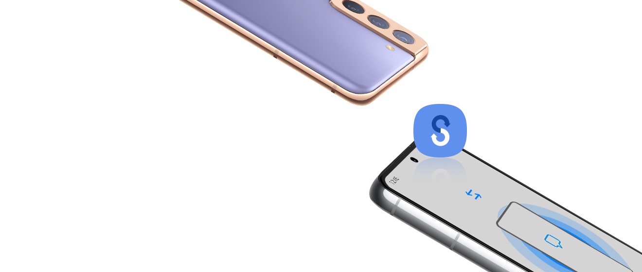 一部舊款 Galaxy 智慧型手機從背面呈現，正面呈現 Galaxy S22+。手機呈某個角度彼此相對，「Smart Switch」圖標就位在中心。Galaxy S22+ 的顯示螢幕是「Smart Switch」開始畫面。