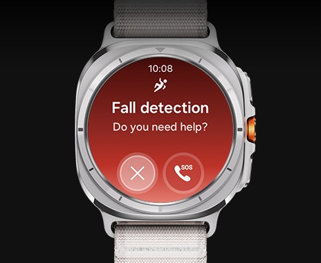 A Galaxy Watch Ultra is displaying Fall detection screen with text Fall detection, Do you need help?. Two buttons are at the bottom: cancel and SOS call.
