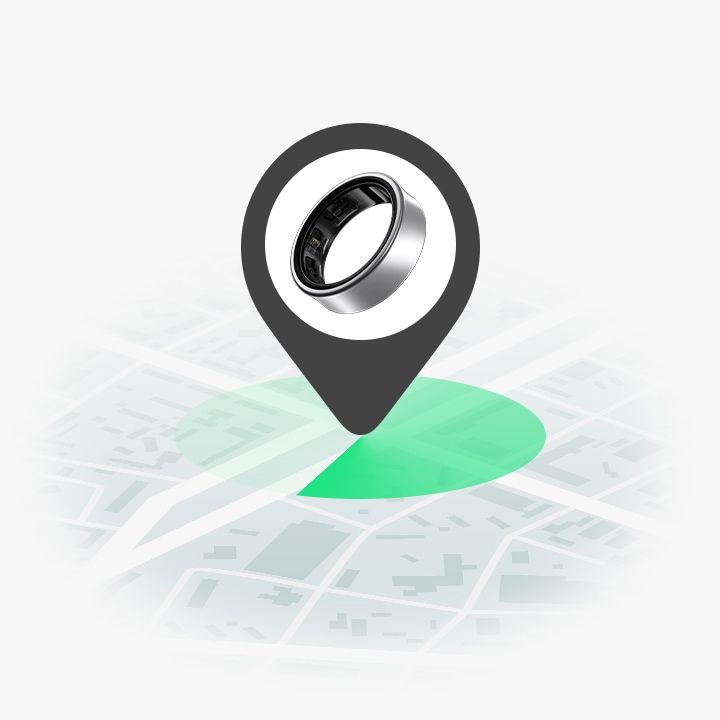 A map can be seen. A location pointer icon with a Galaxy Ring points to a location to indicate that the Find My Ring feature is tracking the location.