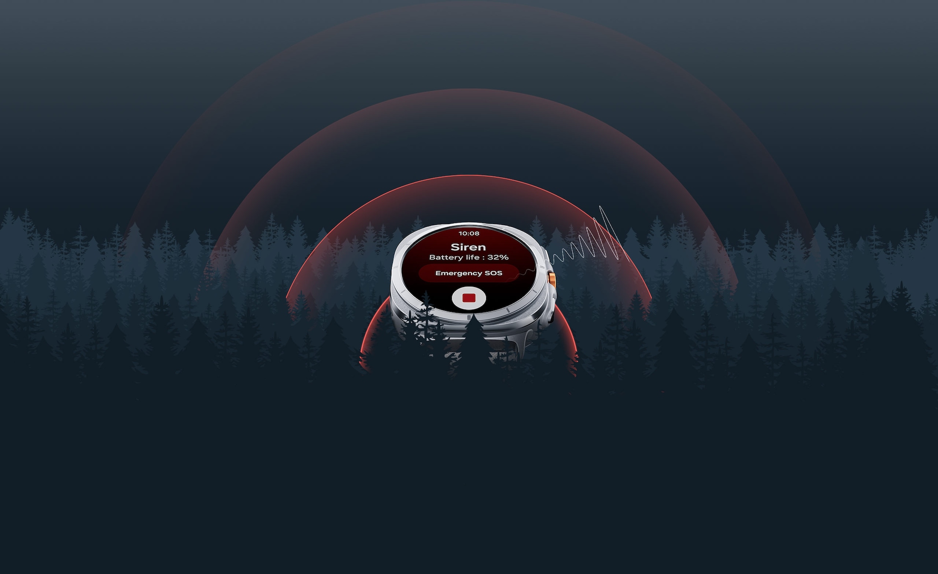 A Galaxy Watch Ultra is displaying a Siren screen with the text 'Emergency SOS' and a button to stop. Quick Button is shown on the side of the watch. A wave representing the sound is spreading out from the watch through the forest.
