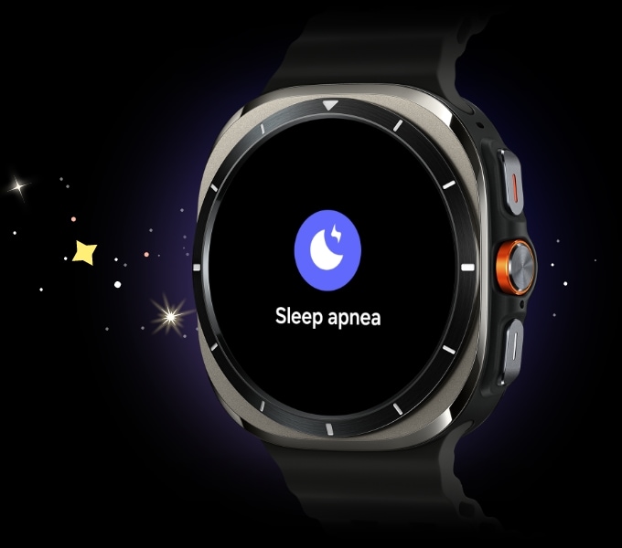 A Galaxy Watch Ultra is seen with a text 'Sleep apnea' and its icon.