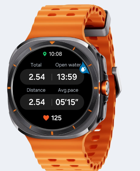 A Galaxy Watch Ultra displaying workout trackings for total distance, open water duration, distance, average pace and heart beat. In the top right corner is a Water Lock activated icon shown.