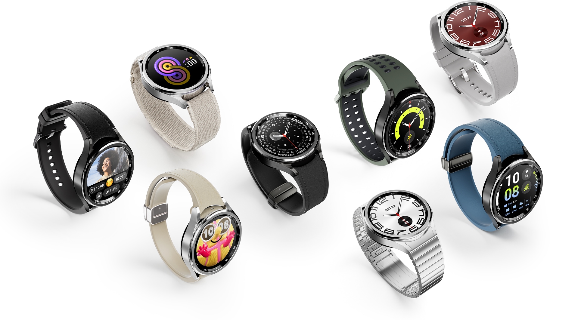 Se pueden ver varios Galaxy Watch6 Classic con diferentes correas de reloj. Cada reloj muestra una esfera diferente.