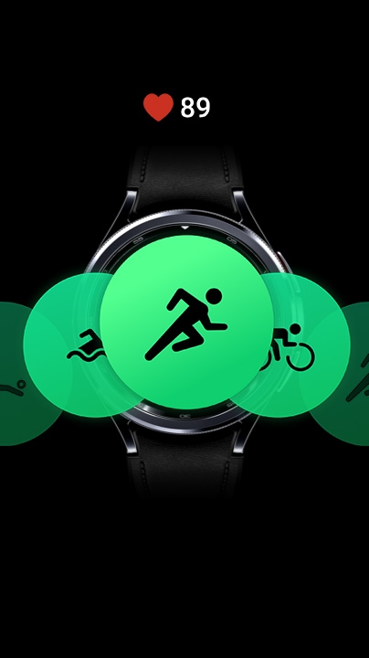 Different workout icons on Galaxy Watch6 Classic can be seen, indicating that various workout modes are available. A heart icon and the number '89' are shown above the Watch, to indicate the heart rate during the exercise.