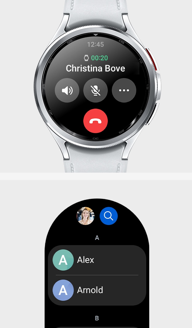 Galaxy Watch6 Classic can be seen, displaying the call screen. GUI of contact list screen can also be seen to indicate that phone calls can be made on Galaxy Watch6 Classic, without taking out your phone.