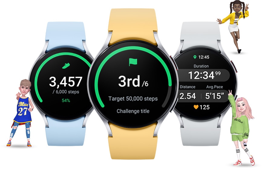 Three Galaxy Watch6 can be seen. The Watch on the left is displaying steps taken per day. The Watch in the middle is displaying the competition feature, indicating the user is in 3rd place out of 6 people for a walking exercise with a target of 50,000 steps. The Watch on the right is displaying the result of a workout with exercise duration, distance, average pace and heart rate. Three animated people in different poses are shown around the Watches.