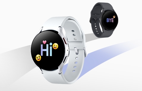 Two Galaxy Watch can be seen, illustrating the trade-in service. In the back is a previous model of Galaxy Watch, displaying the text 'Bye' with a hand emoji. In the front is Galaxy Watch6, displaying the text 'Hello' with smiley face and heart emojis.