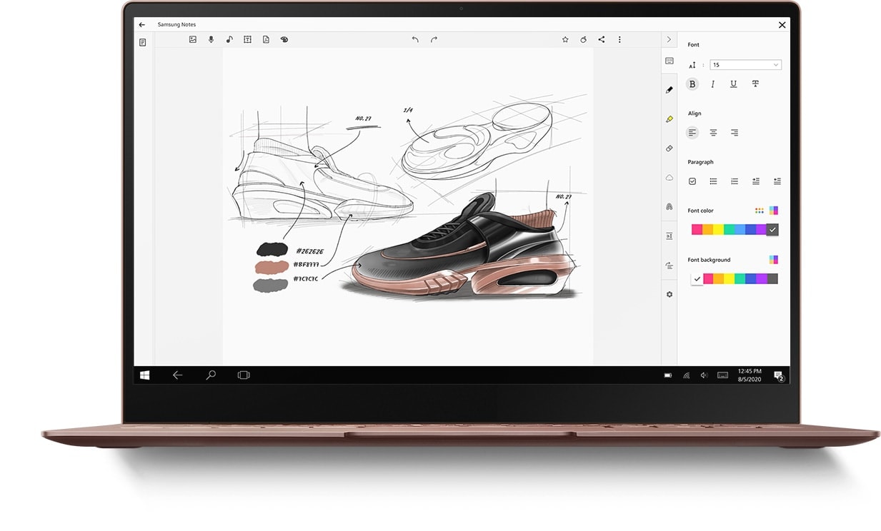 Laptop with Samsung Notes app onscreen and the same sketch of a shoe as seen on Galaxy Note20 Ultra 5G and tablet.