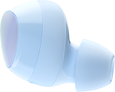 A floating set of enlarged blue Galaxy Buds plus slide apart horizontally as “Sound by AKG” appears in the center background and animated soundwaves appear from the inward facing speakers.