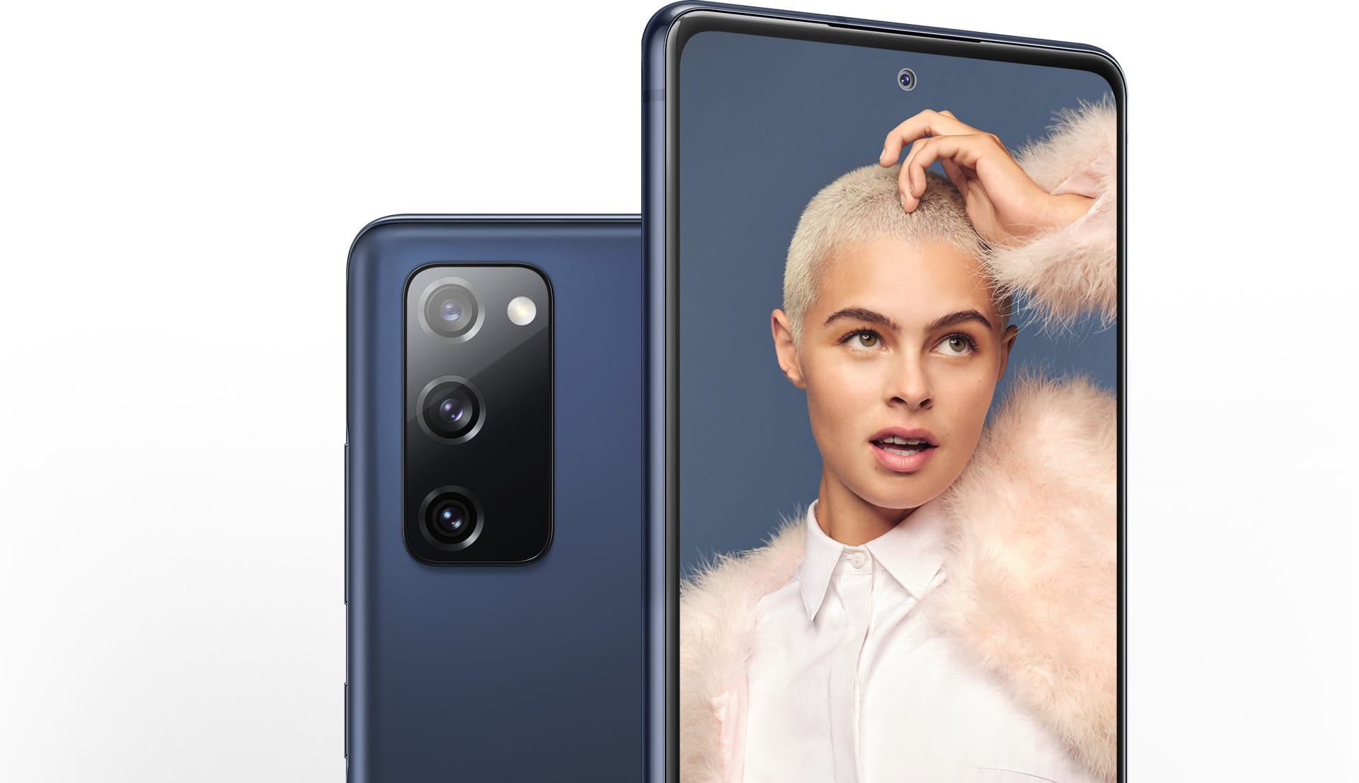 Two Galaxy S20 FE phones in Cloud Navy, one seen from the rear and one seen from the front. The phone seen from the rear shows the locations of the 12MP Ultra Wide Camera, 12MP Wide-angle Camera, and 8MP Telephoto Camera. The phone seen from the front has a portrait of a woman onscreen, and shows the location of the 32MP Front Camera.