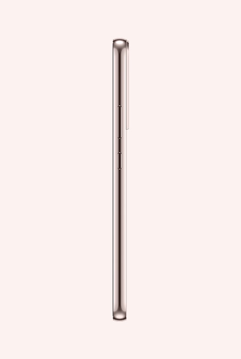 Two Galaxy S22 plus phones in Pink Gold. One shows a close-up of the Rear Camera. The other phone is seen from the side to show the symmetrical design.