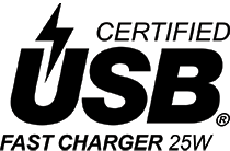 USB-IF logo. Certified USB Fast Charger 25W.