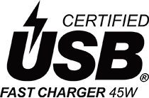 USB-IF logo. Certified USB Fast Charger 45W.