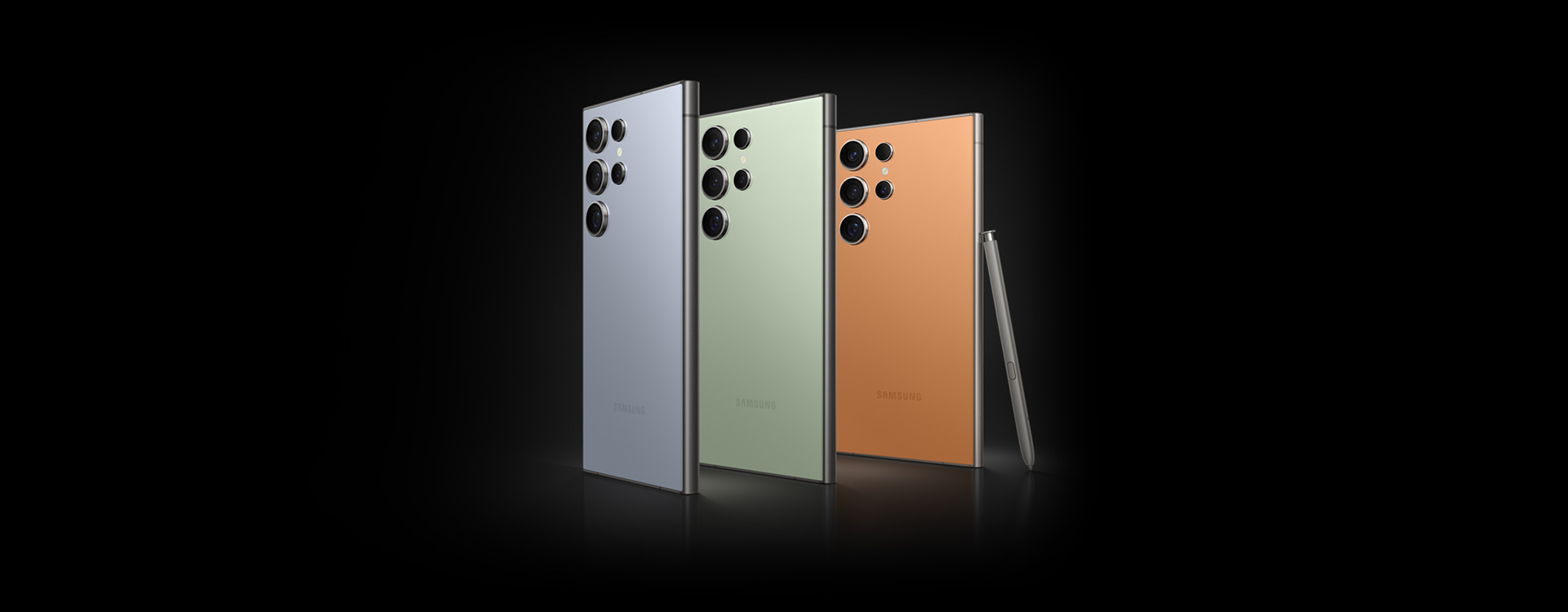 Galaxy S24 Ultra devices in Titanium Blue, Titanium Green and Titanium Orange. S Pen leans against Galaxy S24 Ultra in Titanium Orange.