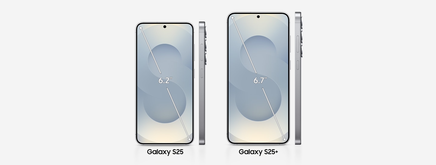 A Galaxy S25 is shown in front and side view showing the display size to be 6.2 inches. Galaxy S25+ is also shown in front and side view with the display size measuring 6.7 inches.